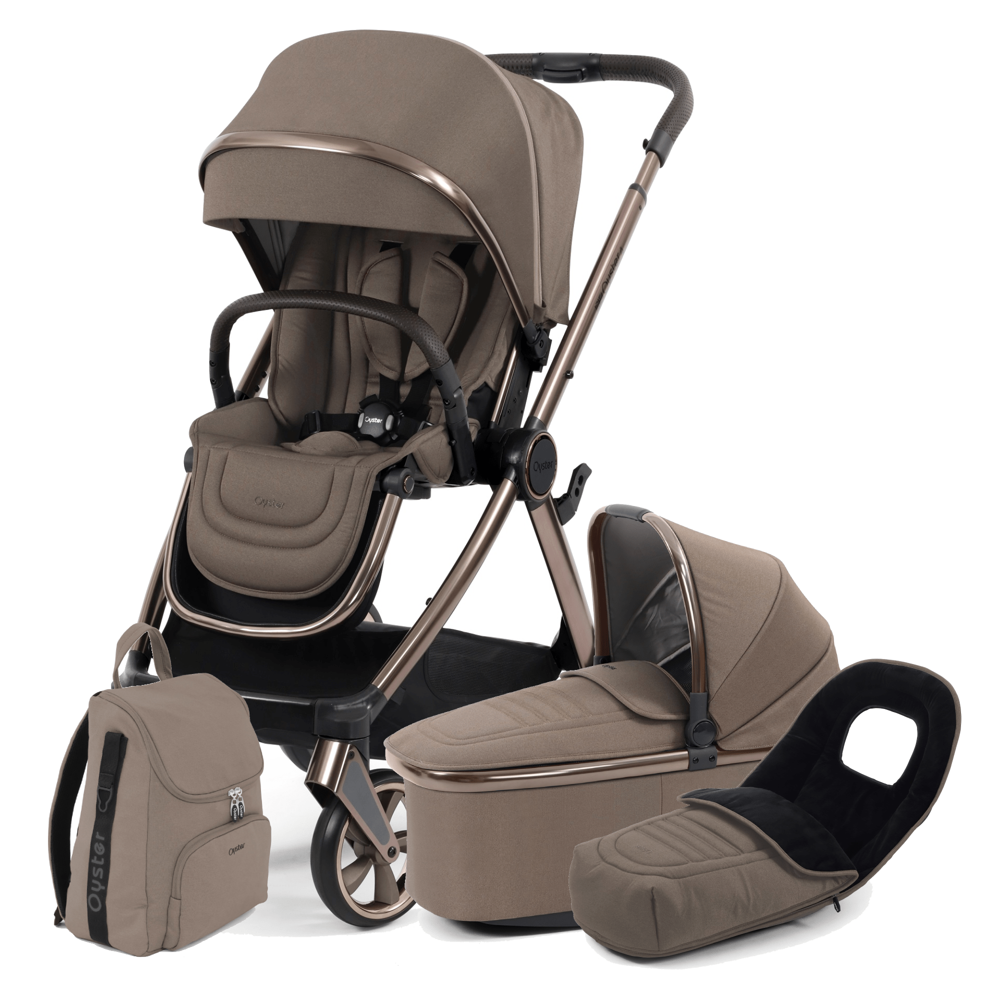 Oyster Stroller Carrycot Mink (inc Footmuff, Backpack Car Seat Adapters)