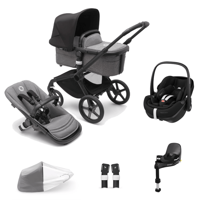 Bugaboo Travel Systems Bugaboo Fox 5, Pebble 360 PRO and Base Travel System - Black/Grey Melange/Midnight Black