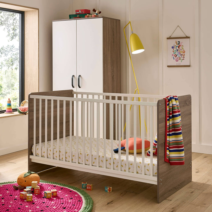 Cuddleco Furniture Sets CuddleCo Enzo 2pc Set 3 Drawer Dresser and Cot Bed -Truffle Oak/White