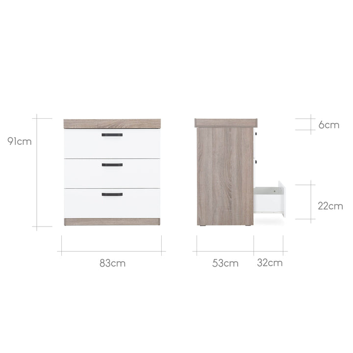 Cuddleco Furniture Sets CuddleCo Enzo 2pc Set 3 Drawer Dresser and Cot Bed -Truffle Oak/White