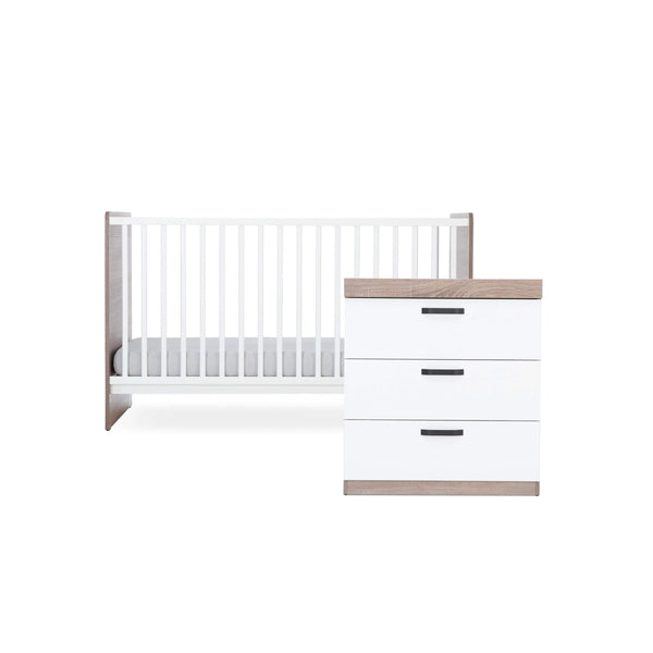 Cuddleco Furniture Sets CuddleCo Enzo 2pc Set 3 Drawer Dresser and Cot Bed -Truffle Oak/White