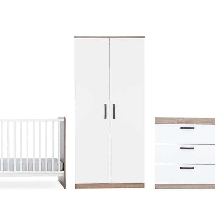 Cuddleco Furniture Sets CuddleCo Enzo 3pc Set 3 Drawer Dresser, Cot Bed and Wardrobe - Truffle Oak/White