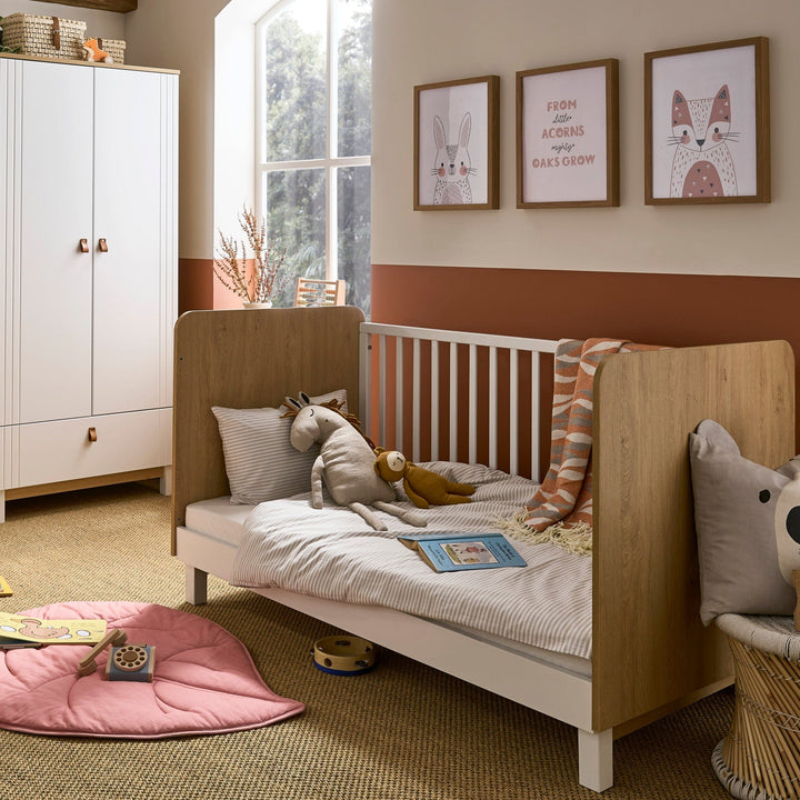 Cuddleco Furniture Sets CuddleCo Rafi 3pc Set 3 Drawer Dresser, Cot Bed and Wardrobe - Oak/White