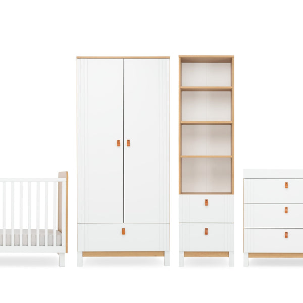 Cuddleco Furniture Sets CuddleCo Rafi 4pc Set 3 Drawer Dresser, Cot Bed, Wardrobe and Bookcase- Oak/White