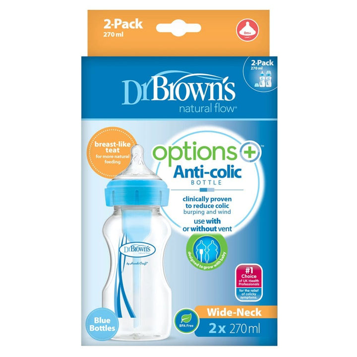 Dr Brown's Home Equipment Dr Brown’s Options+ Anti-Colic Bottle (270ml, Twin Pack) - Blue