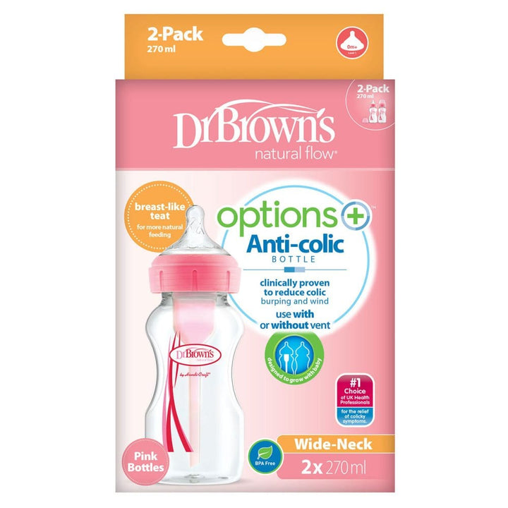 Dr Brown's Home Equipment Dr Brown’s Options+ Anti-Colic Bottle (270ml, Twin Pack) - Pink