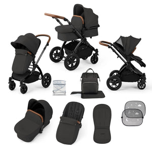 Ickle Bubba Prams & Pushchairs Ickle Bubba Stomp Luxe 9 Piece Pram - Black / Charcoal Grey / Tan