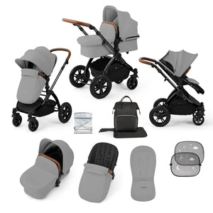 Ickle Bubba Prams & Pushchairs Ickle Bubba Stomp Luxe 9 Piece Pram - Black / Pearl Grey / Tan
