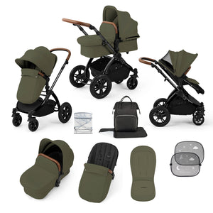 Ickle Bubba Prams & Pushchairs Ickle Bubba Stomp Luxe 9 Piece Pram - Black / Woodland / Tan