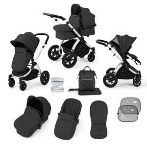 Ickle Bubba Prams & Pushchairs Ickle Bubba Stomp Luxe 9 Piece Pram - Silver / Charcoal Grey / Black