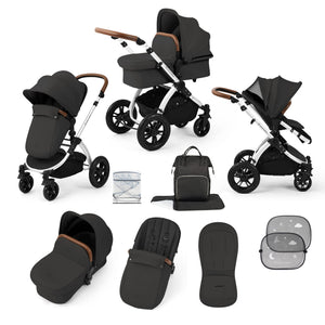 Ickle Bubba Prams & Pushchairs Ickle Bubba Stomp Luxe 9 Piece Pram - Silver / Charcoal Grey / Tan