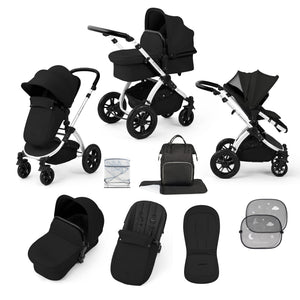 Ickle Bubba Prams & Pushchairs Ickle Bubba Stomp Luxe 9 Piece Pram - Silver / Midnight / Black
