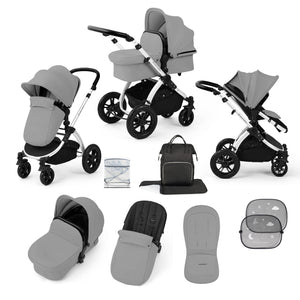 Ickle Bubba Prams & Pushchairs Ickle Bubba Stomp Luxe 9 Piece Pram - Silver / Pearl Grey / Black