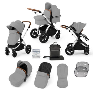 Ickle Bubba Prams & Pushchairs Ickle Bubba Stomp Luxe 9 Piece Pram - Silver / Pearl Grey / Tan