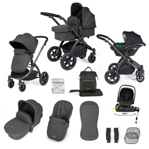 Ickle Bubba Travel Systems Ickle Bubba Stomp Luxe 12 Piece Travel System with i-Size Nimbus Car Seat & Spin ISOFIX Base - Black / Charcoal Grey / Black