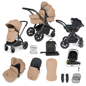 Ickle Bubba Travel Systems Ickle Bubba Stomp Luxe 12 Piece Travel System with i-Size Nimbus Car Seat & Spin ISOFIX Base - Black / Desert / Black