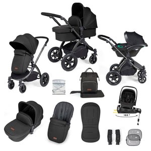 Ickle Bubba Travel Systems Ickle Bubba Stomp Luxe 12 Piece Travel System with i-Size Nimbus Car Seat & Spin ISOFIX Base - Black / Midnight / Black