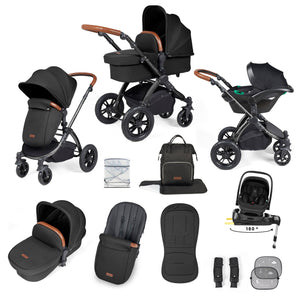 Ickle Bubba Travel Systems Ickle Bubba Stomp Luxe 12 Piece Travel System with i-Size Nimbus Car Seat & Spin ISOFIX Base - Black / Midnight / Tan