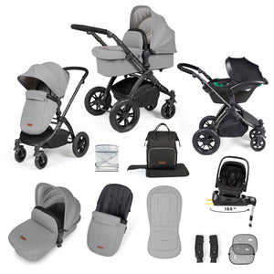 Ickle Bubba Travel Systems Ickle Bubba Stomp Luxe 12 Piece Travel System with i-Size Nimbus Car Seat & Spin ISOFIX Base - Black / Pearl Grey / Black