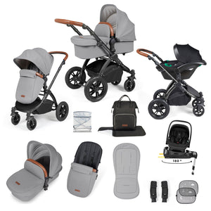 Ickle Bubba Travel Systems Ickle Bubba Stomp Luxe 12 Piece Travel System with i-Size Nimbus Car Seat & Spin ISOFIX Base - Black / Pearl Grey / Tan