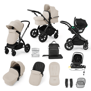 Ickle Bubba Travel Systems Ickle Bubba Stomp Luxe 12 Piece Travel System with i-Size Nimbus Car Seat & Spin ISOFIX Base - Black / Stone / Black