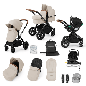 Ickle Bubba Travel Systems Ickle Bubba Stomp Luxe 12 Piece Travel System with i-Size Nimbus Car Seat & Spin ISOFIX Base - Black / Stone / Tan