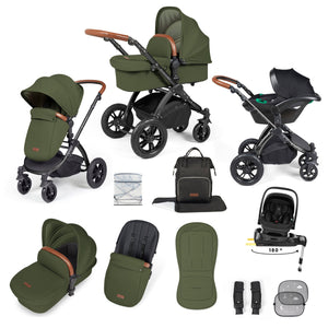 Ickle Bubba Travel Systems Ickle Bubba Stomp Luxe 12 Piece Travel System with i-Size Nimbus Car Seat & Spin ISOFIX Base - Black / Woodland / Tan