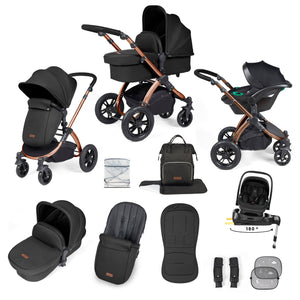 Ickle Bubba Travel Systems Ickle Bubba Stomp Luxe 12 Piece Travel System with i-Size Nimbus Car Seat & Spin ISOFIX Base - Bronze / Midnight / Black