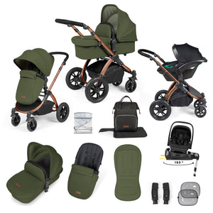 Ickle Bubba Travel Systems Ickle Bubba Stomp Luxe 12 Piece Travel System with i-Size Nimbus Car Seat & Spin ISOFIX Base - Bronze / Woodland / Black