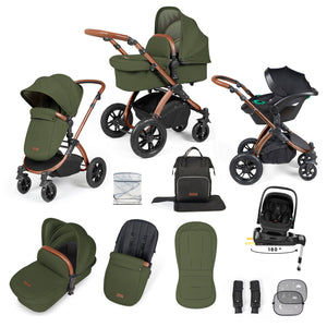 Ickle Bubba Travel Systems Ickle Bubba Stomp Luxe 12 Piece Travel System with i-Size Nimbus Car Seat & Spin ISOFIX Base - Bronze / Woodland / Tan