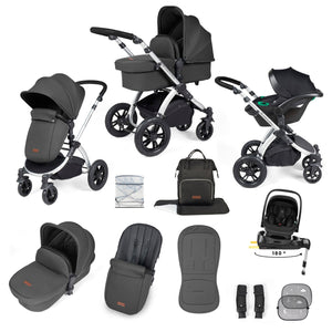 Ickle Bubba Travel Systems Ickle Bubba Stomp Luxe 12 Piece Travel System with i-Size Nimbus Car Seat & Spin ISOFIX Base - Silver / Charcoal Grey / Black