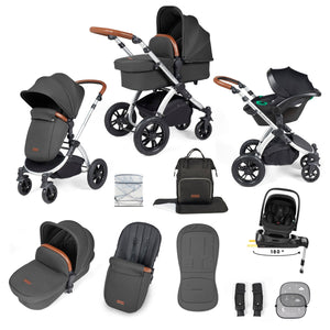 Ickle Bubba Travel Systems Ickle Bubba Stomp Luxe 12 Piece Travel System with i-Size Nimbus Car Seat & Spin ISOFIX Base - Silver / Charcoal Grey / Tan