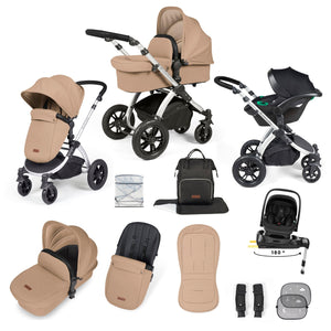 Ickle Bubba Travel Systems Ickle Bubba Stomp Luxe 12 Piece Travel System with i-Size Nimbus Car Seat & Spin ISOFIX Base - Silver / Desert / Black