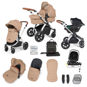 Ickle Bubba Travel Systems Ickle Bubba Stomp Luxe 12 Piece Travel System with i-Size Nimbus Car Seat & Spin ISOFIX Base - Silver / Desert / Tan