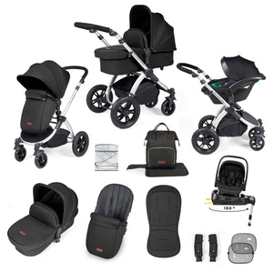 Ickle Bubba Travel Systems Ickle Bubba Stomp Luxe 12 Piece Travel System with i-Size Nimbus Car Seat & Spin ISOFIX Base - Silver / Midnight / Black