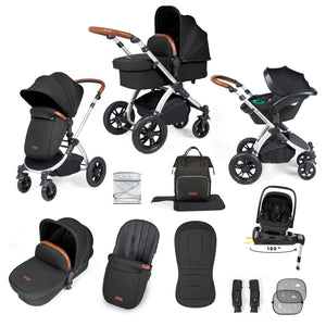 Ickle Bubba Travel Systems Ickle Bubba Stomp Luxe 12 Piece Travel System with i-Size Nimbus Car Seat & Spin ISOFIX Base - Silver / Midnight / Tan