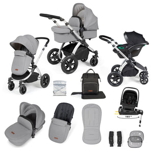 Ickle Bubba Travel Systems Ickle Bubba Stomp Luxe 12 Piece Travel System with i-Size Nimbus Car Seat & Spin ISOFIX Base - Silver / Pearl Grey / Black