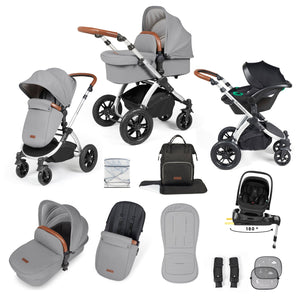 Ickle Bubba Travel Systems Ickle Bubba Stomp Luxe 12 Piece Travel System with i-Size Nimbus Car Seat & Spin ISOFIX Base - Silver / Pearl Grey / Tan