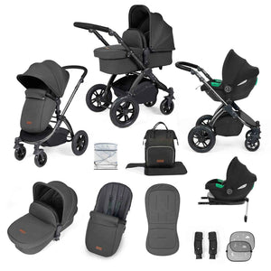 Ickle Bubba Travel Systems Stomp Luxe All-in-One Travel System With Isofix Base (Cirrus) - Black / Charcoal Grey / Black