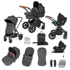 Ickle Bubba Travel Systems Stomp Luxe All-in-One Travel System With Isofix Base (Cirrus) - Black / Charcoal Grey / Tan