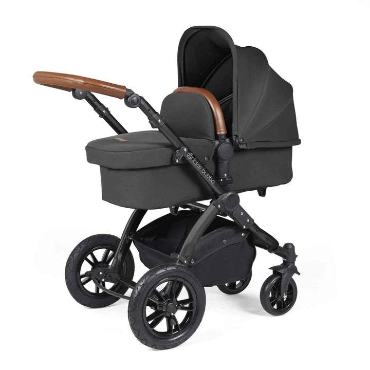 Ickle Bubba Travel Systems Stomp Luxe All-in-One Travel System With Isofix Base (Cirrus) - Black / Charcoal Grey / Tan