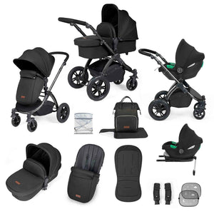 Ickle Bubba Travel Systems Stomp Luxe All-in-One Travel System With Isofix Base (Cirrus) - Black / Midnight / Black