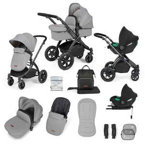 Ickle Bubba Travel Systems Stomp Luxe All-in-One Travel System With Isofix Base (Cirrus) - Black / Pearl Grey / Black