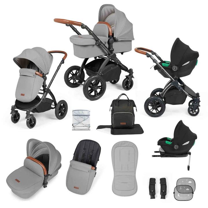 Ickle Bubba Travel Systems Stomp Luxe All-in-One Travel System With Isofix Base (Cirrus) - Black / Pearl Grey / Tan