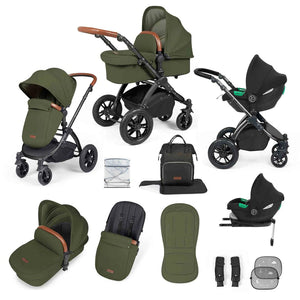 Ickle Bubba Travel Systems Stomp Luxe All-in-One Travel System With Isofix Base (Cirrus) - Black / Woodland / Black