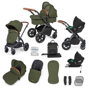 Ickle Bubba Travel Systems Stomp Luxe All-in-One Travel System With Isofix Base (Cirrus) - Black / Woodland / Tan