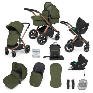 Ickle Bubba Travel Systems Stomp Luxe All-in-One Travel System With Isofix Base (Cirrus) - Bronze / Woodland / Black