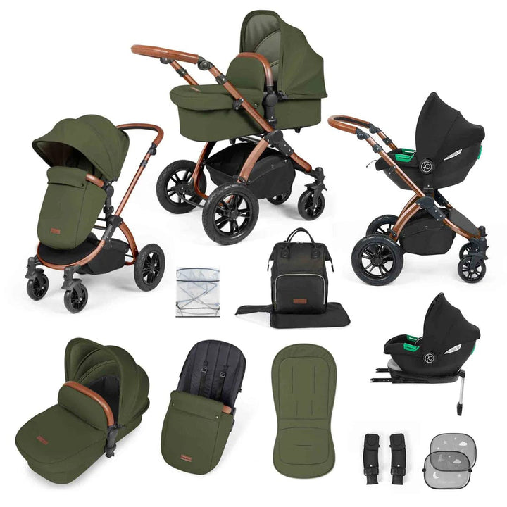 Ickle Bubba Travel Systems Stomp Luxe All-in-One Travel System With Isofix Base (Cirrus) - Bronze / Woodland / Tan