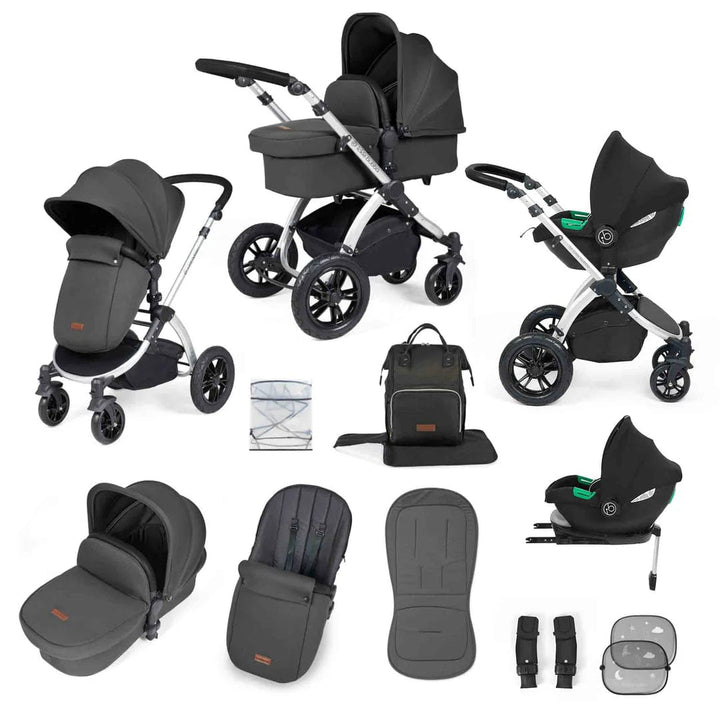 Ickle Bubba Travel Systems Stomp Luxe All-in-One Travel System With Isofix Base (Cirrus) - Silver / Charcoal Grey / Black