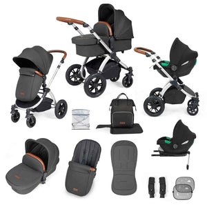 Ickle Bubba Travel Systems Stomp Luxe All-in-One Travel System With Isofix Base (Cirrus) - Silver / Charcoal Grey / Tan